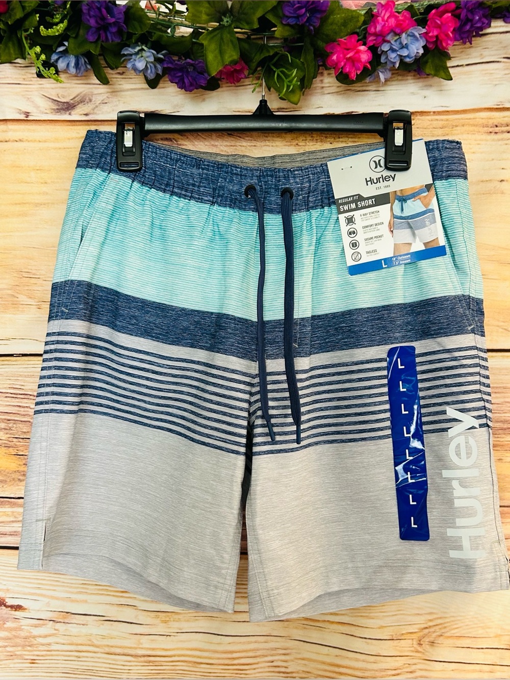 Hurley Men’s Multicolor Striped Logo Regular Fit Swim Shorts Size L NWT - Picture 3 of 10